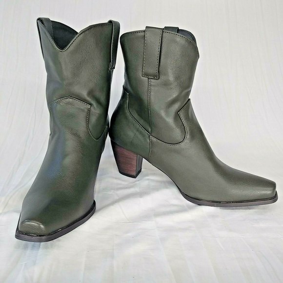 Classic Ladies Western Cowgirl Pull On Block Heel Pointed Toe Boots. Olive Green - Picture 4 of 8